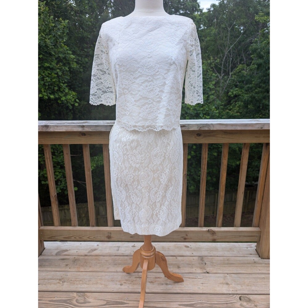 Vintage 1950s Wedding Two Piece Set Lace Handmade Small Ivory Top Skirt Suit